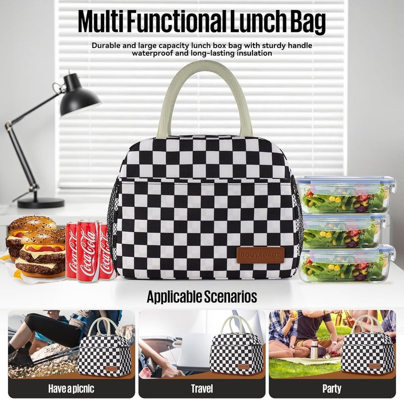 douyadady Lunch Bag Women/Men Lunch Box Women/Men (Black+White Checkerboard) - Image 3